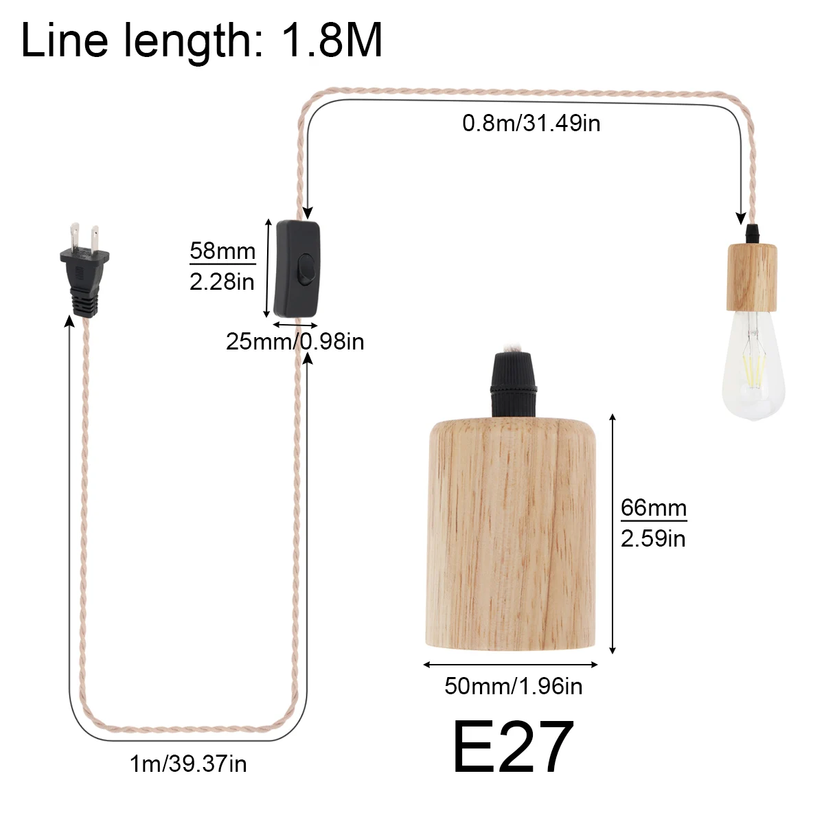 Vintage Industrial Pendurado Tomada de Luz com Fio Interruptor, Madeira Kit Luz Pingente, Madeira Pendant Lamp Holder, E27, 27, UE, EUA Plug