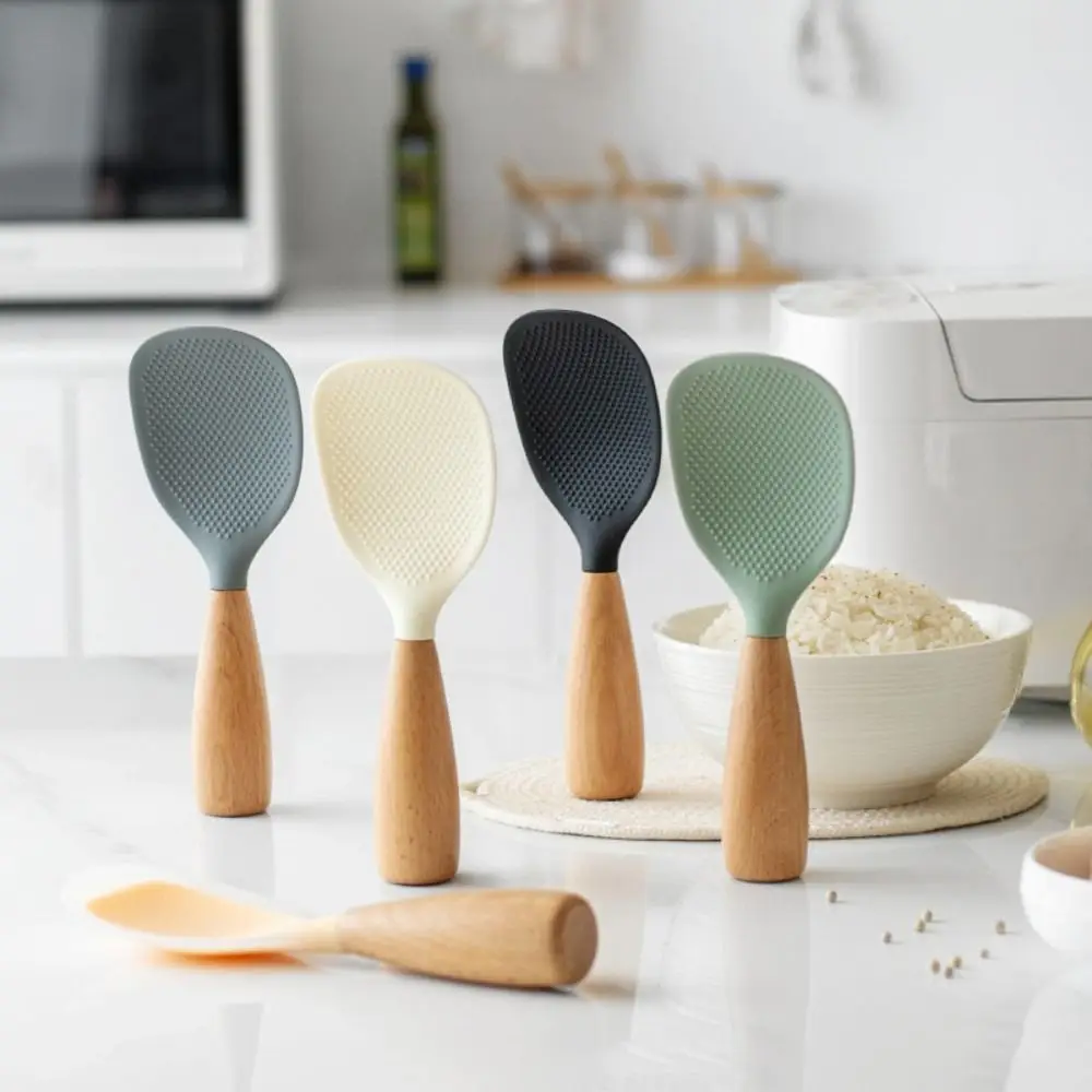 Silicone Rice Spoon Anti-scalding Non-Stick Meal Spoon High Temperature Resistant Wooden Handle Spatula Kitchen Cooking Tool