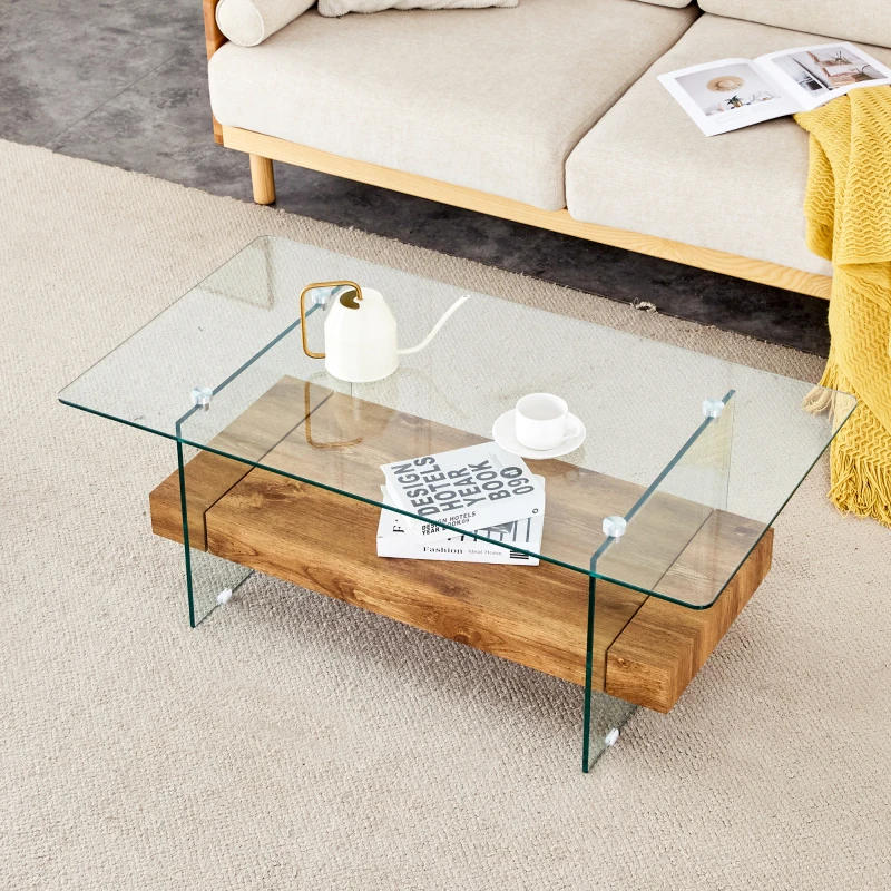 

Ectangular Floating Coffee Table Wooden Color Glass Legs 43.3" Wide 23.6" Long X 16.7" High Natural/glass Legs Modern Design