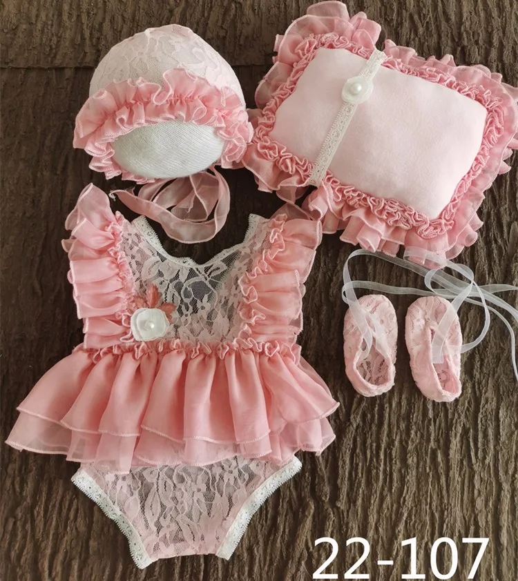 5Pcs Baby Lace Dress+Hat+Pillow+Shorts+Shoes Set Infants Photo Shooting Costume Outfits Newborn Photography Props