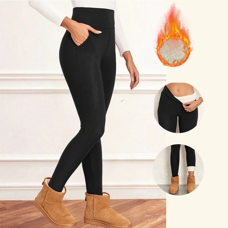 Mulheres leggings de veludo com bolsos outono inverno quente lã collants veludo cor sólida evitar frio leggings estiramento leggings
