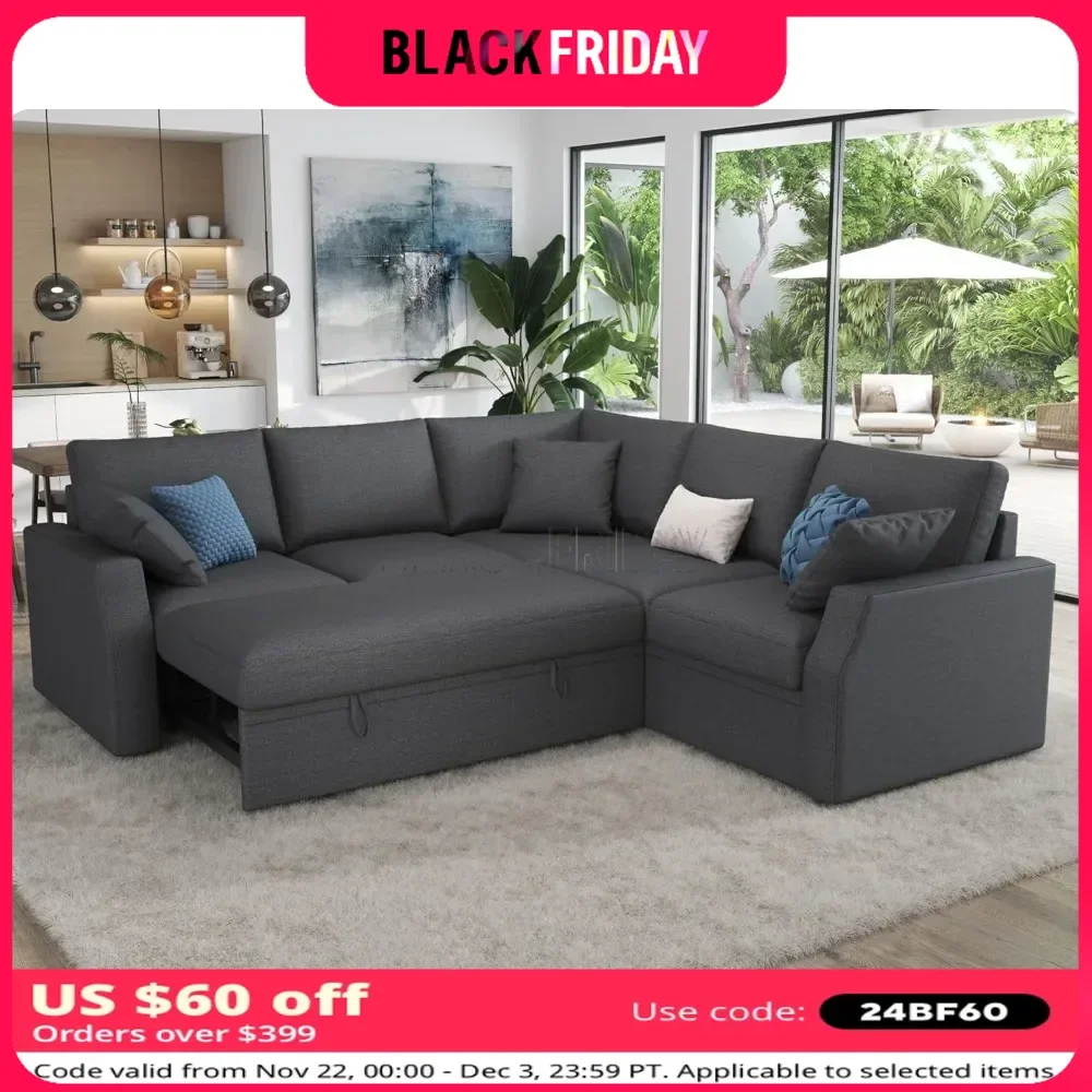 Canapé-lit en forme de L avec siège de rangement, canapés côtelés, canapé-lit en lin gris, salon, appartement