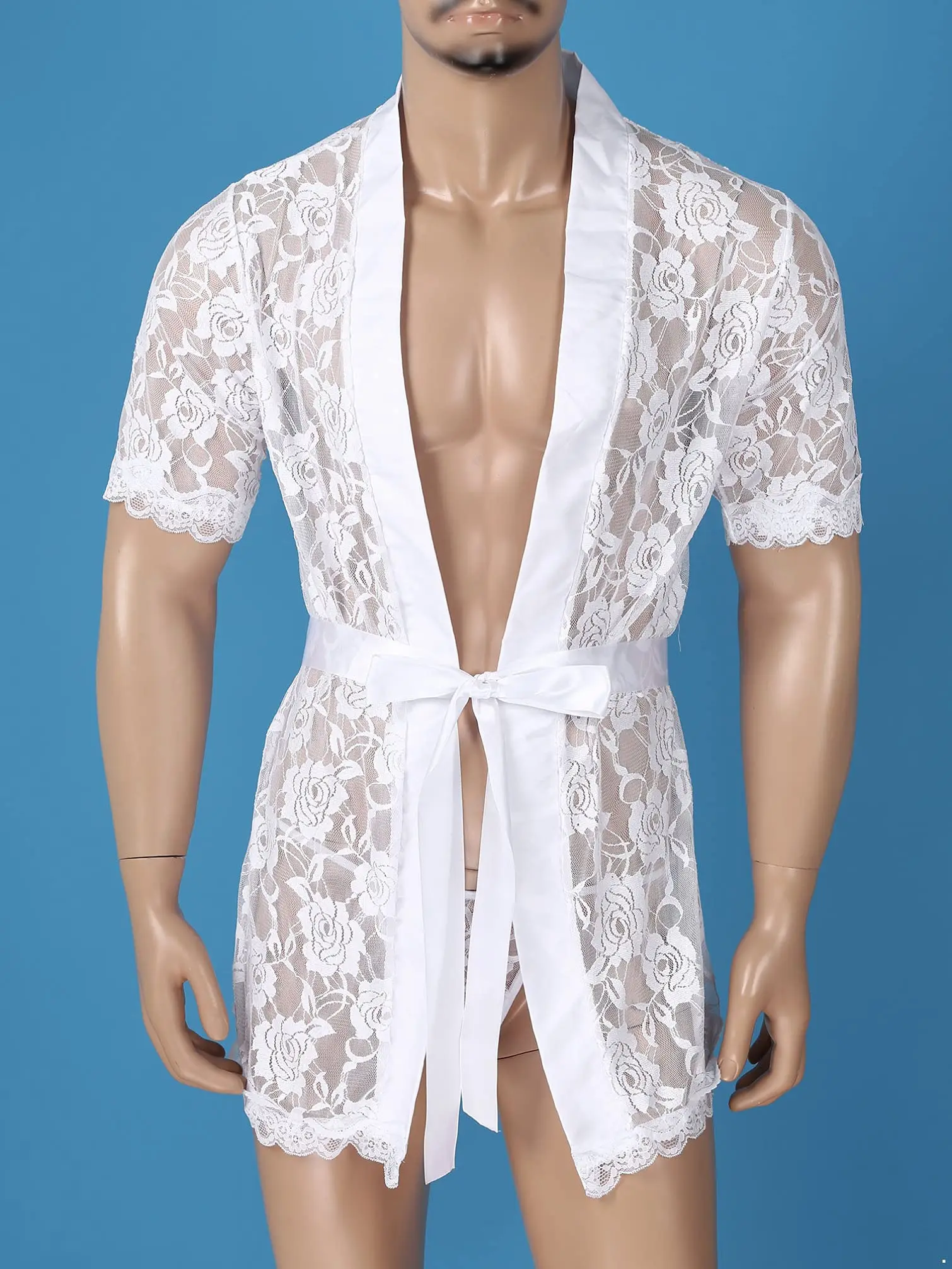 男性のセクシーなレースのナイトガウンシアーホワイトシースルースリープシャツ半袖花刺繍部屋着夏のコンフォートパジャマ