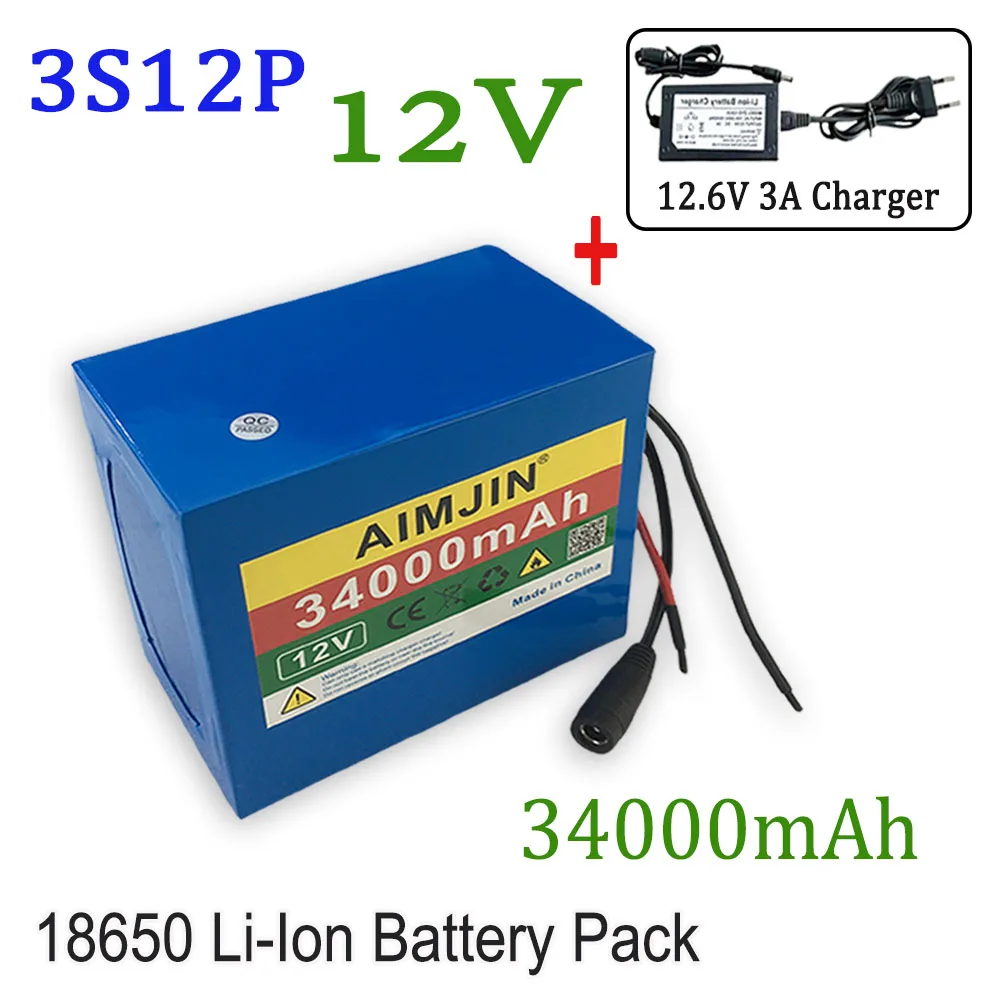 12V  3S12P 34000mAh Li-Ion Battery Pack, for LED Lamp Light Solar Street Light Backup Power Etc+Charger