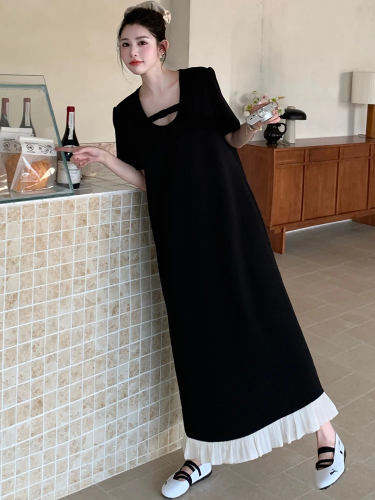 NYFS فستان صيفي 2025 النمط الكوري الدهون MM المرأة فضفاضة حجم كبير تكدرت هيم فستان طويل رداء Elbise #1