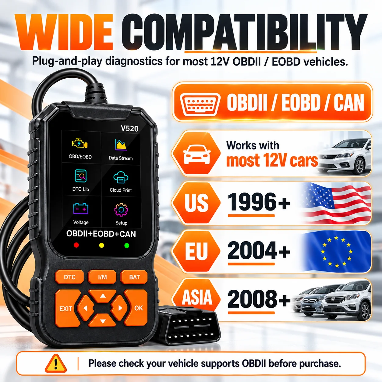 2026 V520 Obd2 Scanner, Professional Car Diagnostic Tool, Engine Fault Code Reader, Real-Time Data, Code Reset, 8-Language Obdii