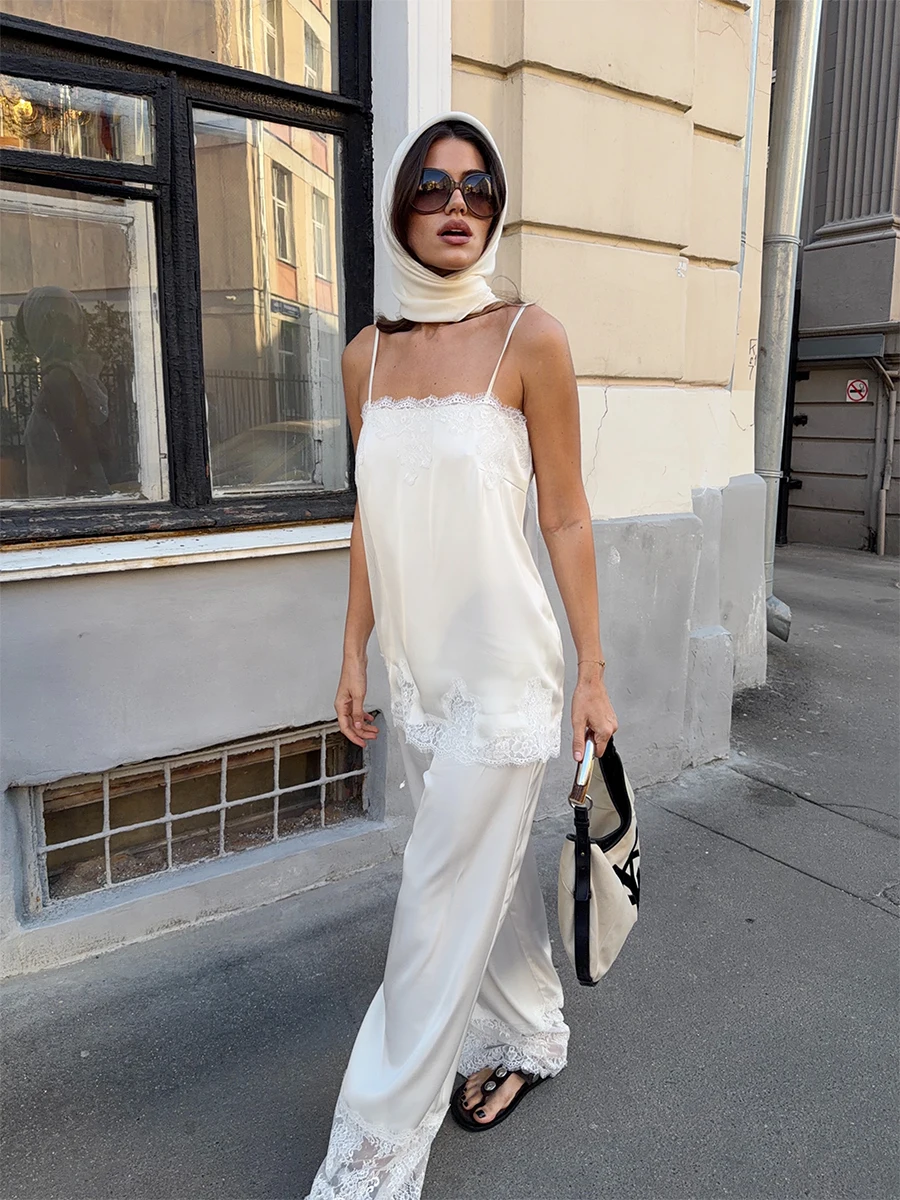 Bornladies Women's Elegant Two-piece Lace Trimmed Spaghetti Strap Vest and Wide Leg Pants Suitable for Daily Street Wear