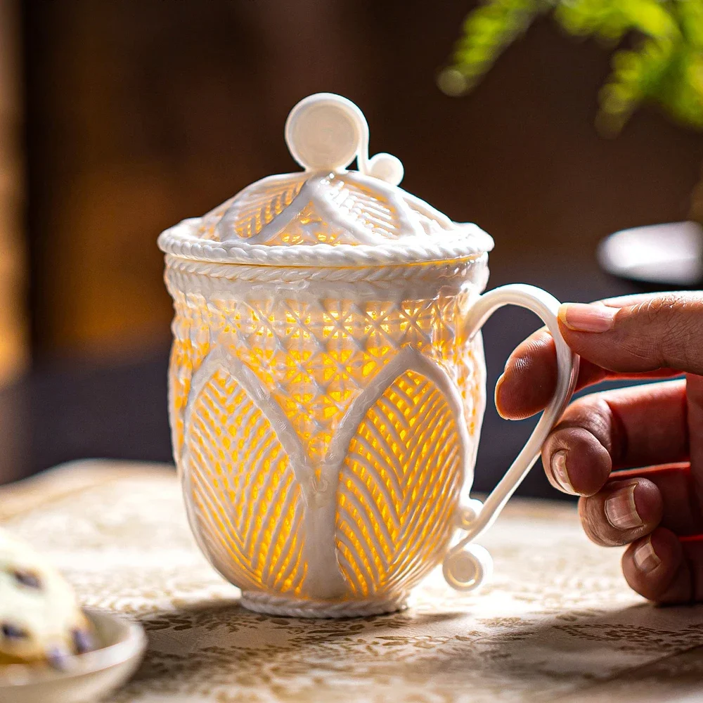 Handmade Porcelain Woven Exquisite Mug Ceramic High-end Office Water Glass with Lid Artistic Ceramic Water Glass Drinkware
