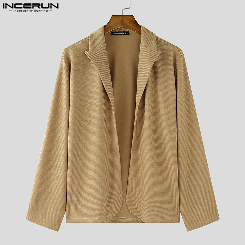 INCERUN Tops 2024 Korean Style Autumn Fashion Men Knitted Pit Stripe Pullovers Male Streetwear Solid Lapel Long Sleeved Cardigan