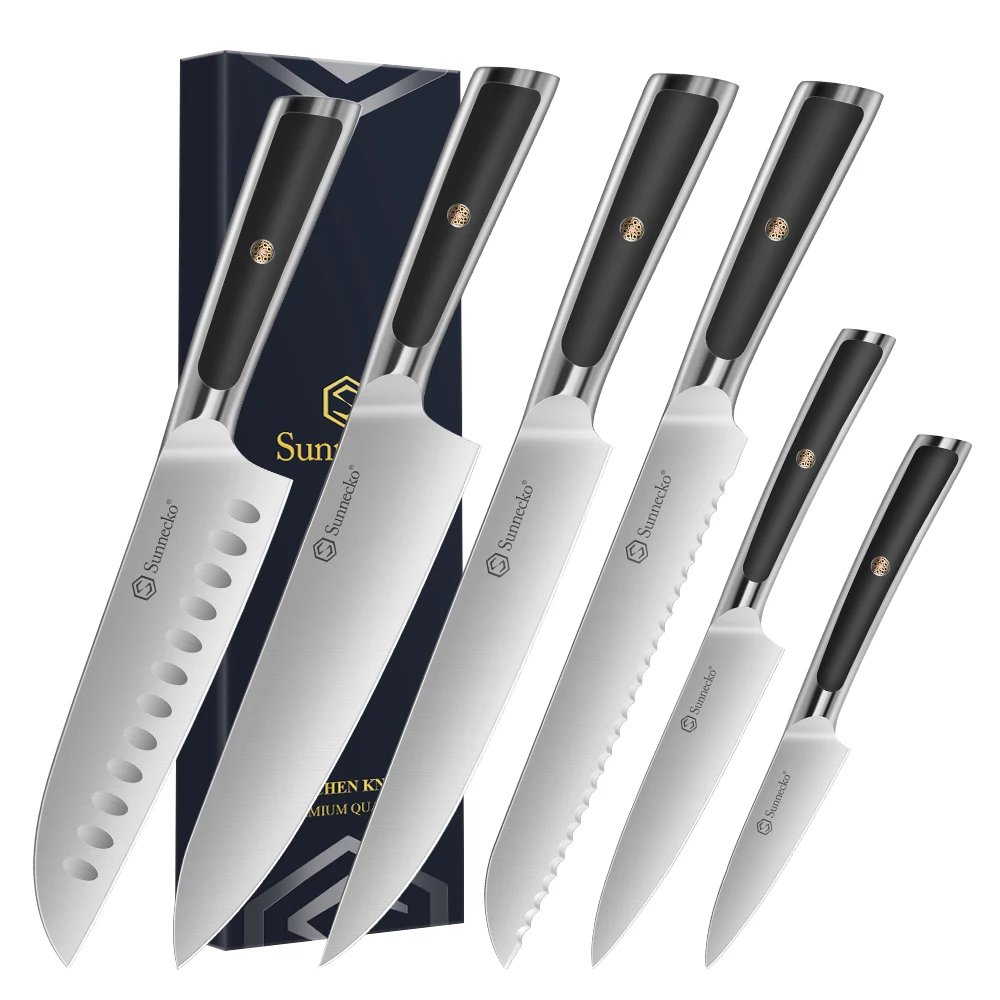 Sunnecko 6PCS Kitchen Knives Set Stainless Steel Chef's Santoku Bread Slicing Knife Utility Paring Cutting Knife  Tools