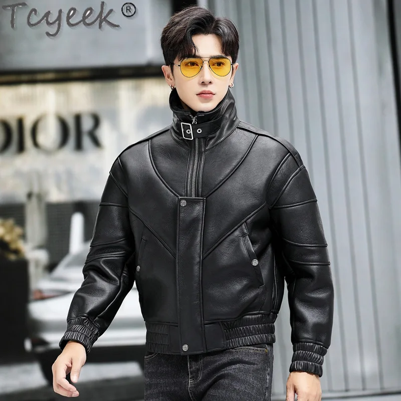 Tcyeek jaket kulit asli pria 2024 mantel bulu domba alami pakaian musim dingin jaket untuk Motor pria bulu asli jaket Jaqueta Couro