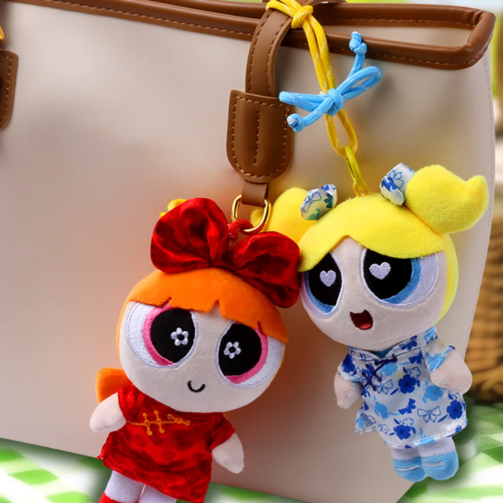 Novo genuíno the powerpuff meninas cheongsam série pp algodão cheio de pelúcia bonecas mochila ornamento dos desenhos animados chaveiro decoração presentes