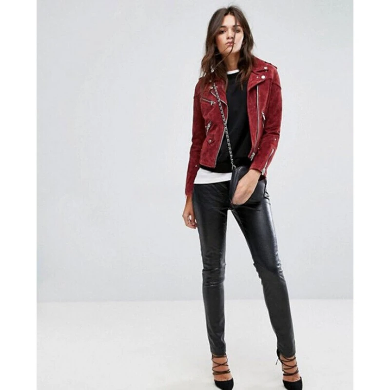 Women's Genuine Lambskin Suede Leather Jacket Red Biker Fashion Designer Coat