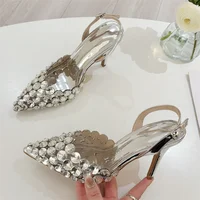 Aneikeh Fashion Stiletto Pumps Summer Silvery Rhinestone Hollow Strap High-heeled Sandals Women Wedding Banquet Shoes - Image 3
