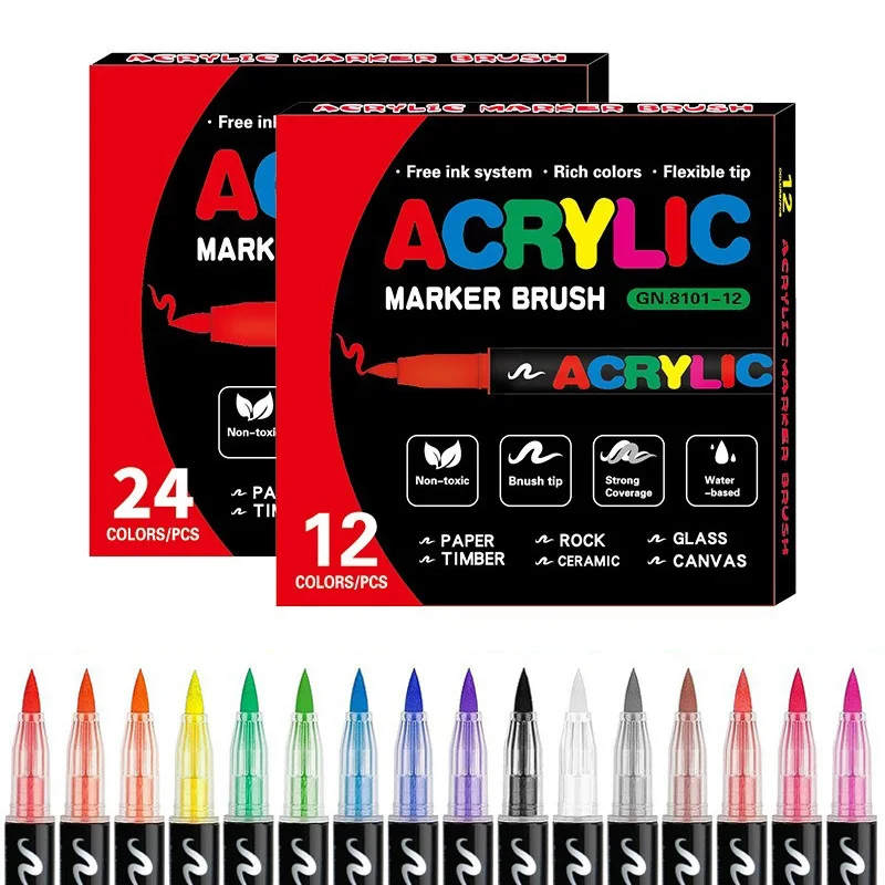 12/24 Colors Liquid Ink Acrylic Brush Marker Set for Fabric Rock Painting Multifunctional Acrylic Paint Marker Pen MKB01