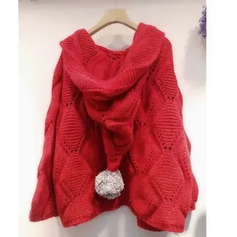 Autumn Winter Women Loose Knitted Cardigan Thin Hair Jacket Fashion Korean Sweater Female 2023 Ball Hat Wild Knit Coats Pink