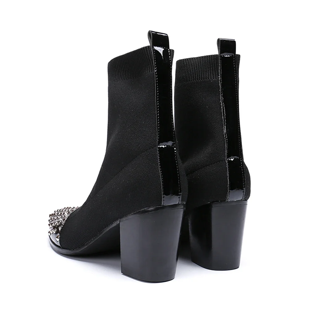 Black Nylon Stretch Fabric Rivet Genuine Leather Thick High Heels Pointed Toe Boots Male Plus Size Party Wedding Dress Shoes