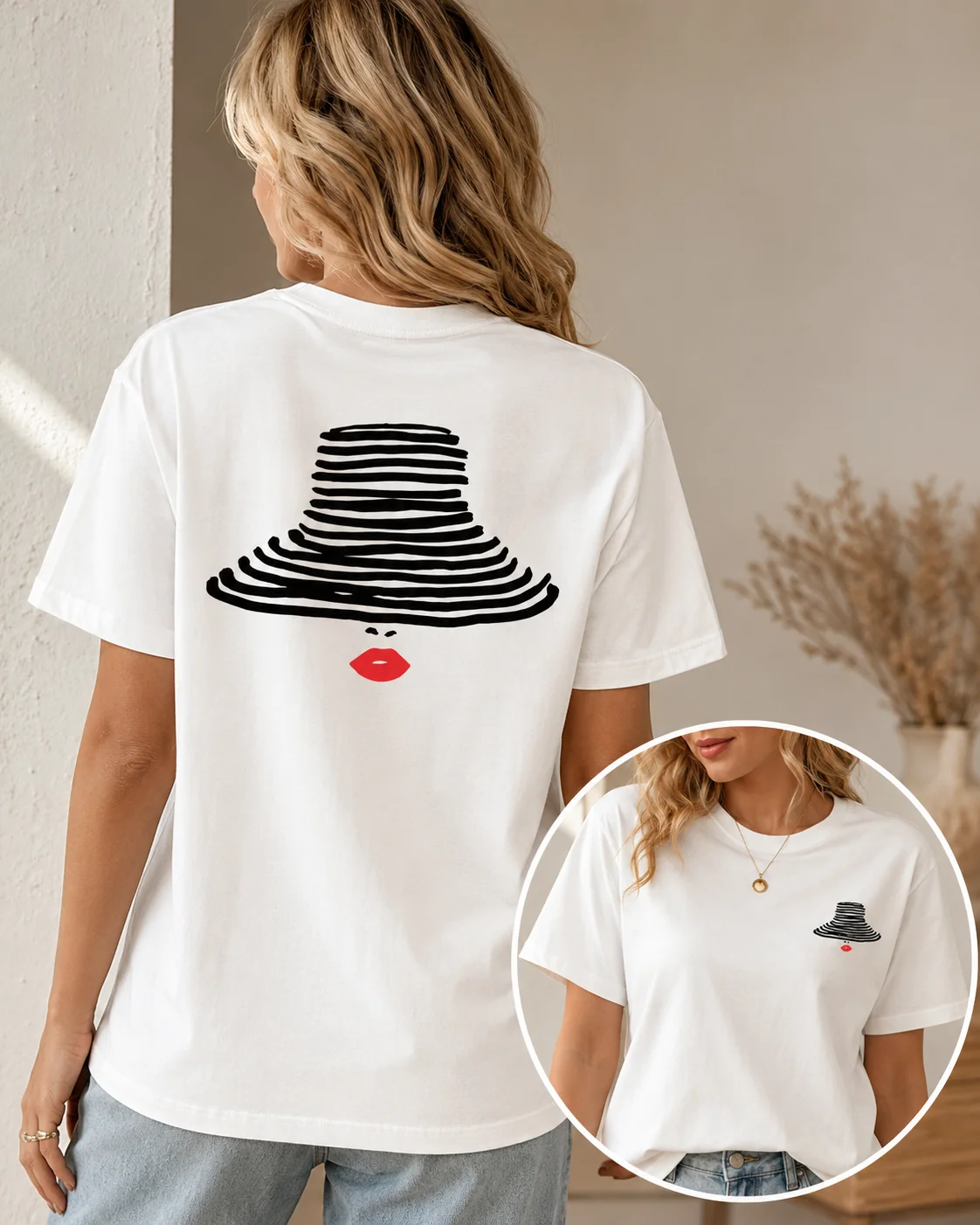 Fashionable Red Lip Hat Printed T-shirt for Women Round Neck Short Sleeved Minimalist Art Pattern T-shirt Casual Top Shirt