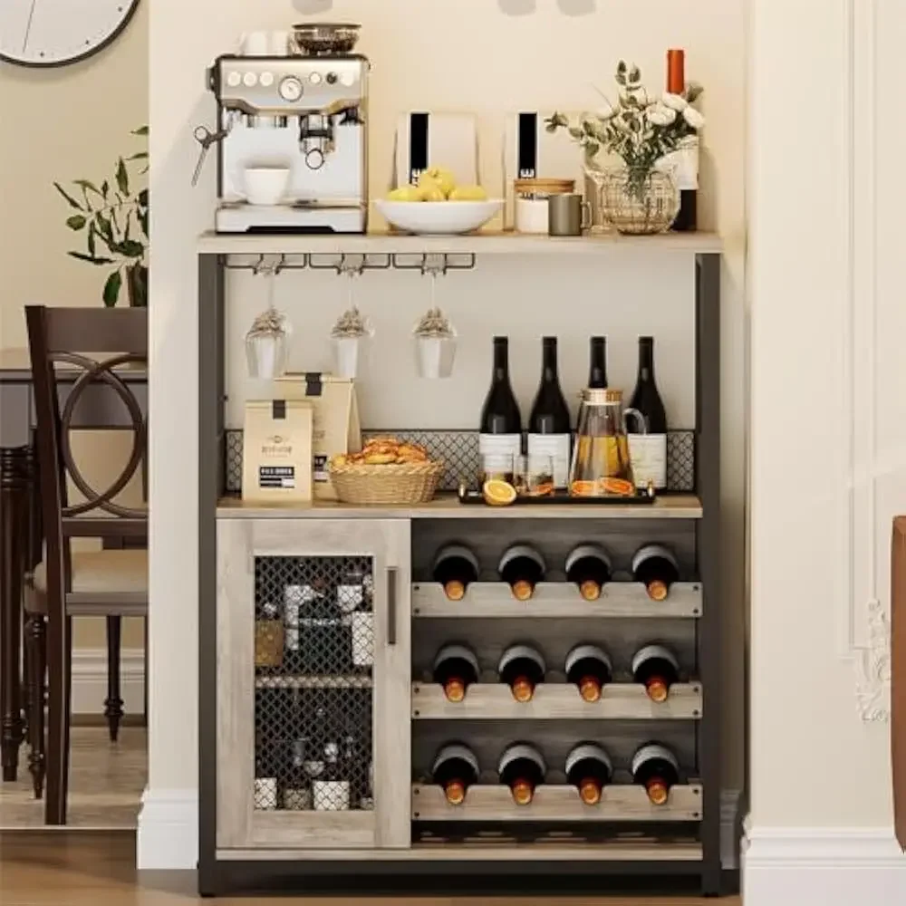 

36 in Wine Bar Rack Cabinet w/LED Light, Adjustable Shelves Coffee Bars Cabinets & Mesh Door and Baffle Design, Bar Cabinet
