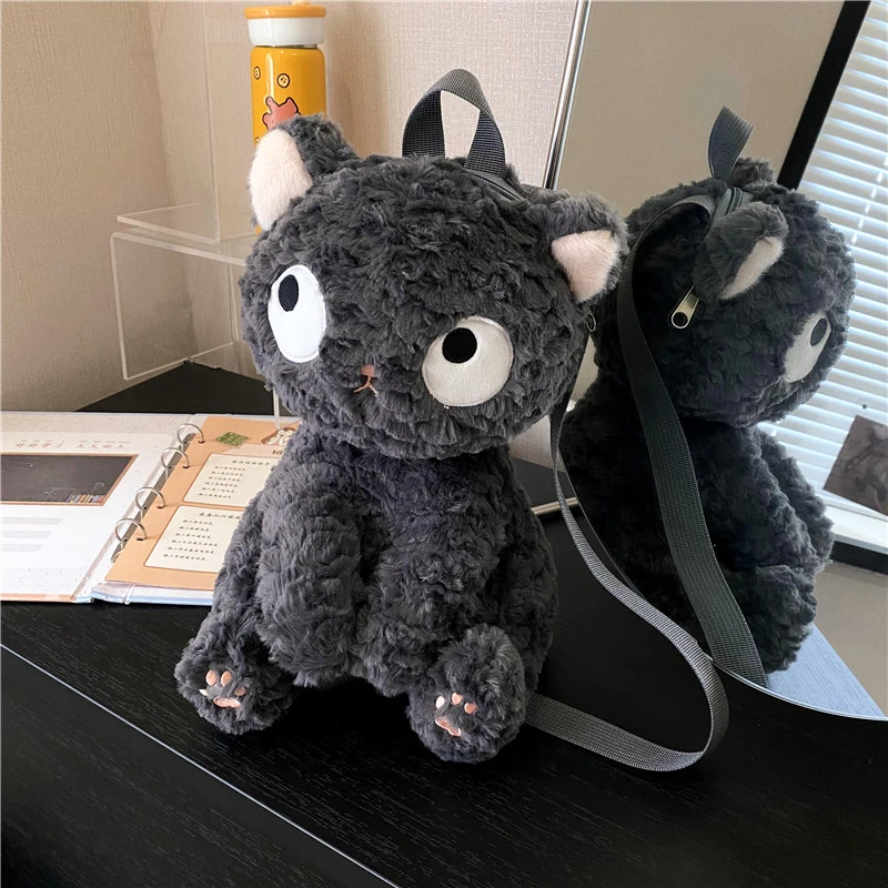 Mini Mochila De felpa Kawaii con forma de gato gris para mujer, bolsos esponjosos, animales de peluche estéticos, juguetes de dibujos animados con cremallera, regalo femenino pequeño