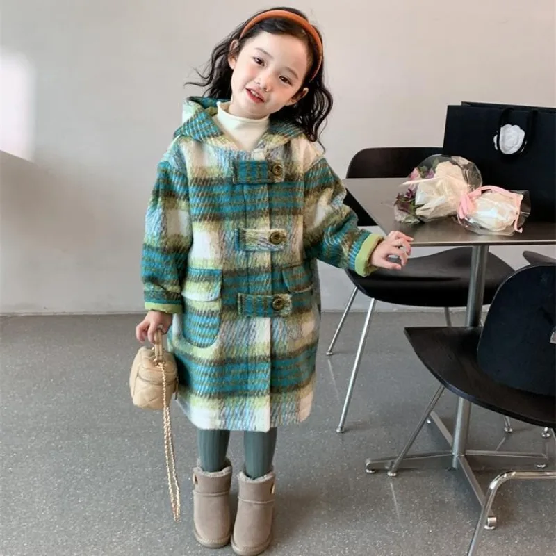 2025 Winter Girls Hooded Woolen Coat Checkered Quilted Thermal Insulated Korean Style Casual Heavyweight Winter Jacket