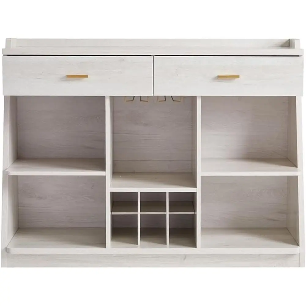 

White Oak Finish Multi-Storage Wine Cabinet with Stemware Storage for Dining Room or Bar