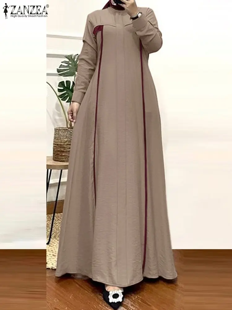 ZANZEA-Hijab musulmán para mujer, Vestidos largos de retazos de bloque de Color, cuello redondo, manga larga, Túnica islámica Abaya, otoño