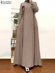 ZANZEA Autumn Muslim Hijab Maxi Vestidos O Neck Color Block Patchwork Women Islamic Abaya Robes Casual Long Sleeve Long Dresses