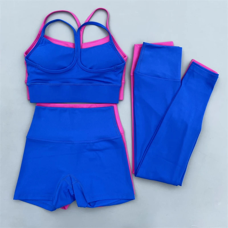 

3 Piece Women Gym Sports Set Yoga Set Workout Clothes Fitness Suit Y Shape Back Bra High Waist Shorts Leggings Running Tracksuit