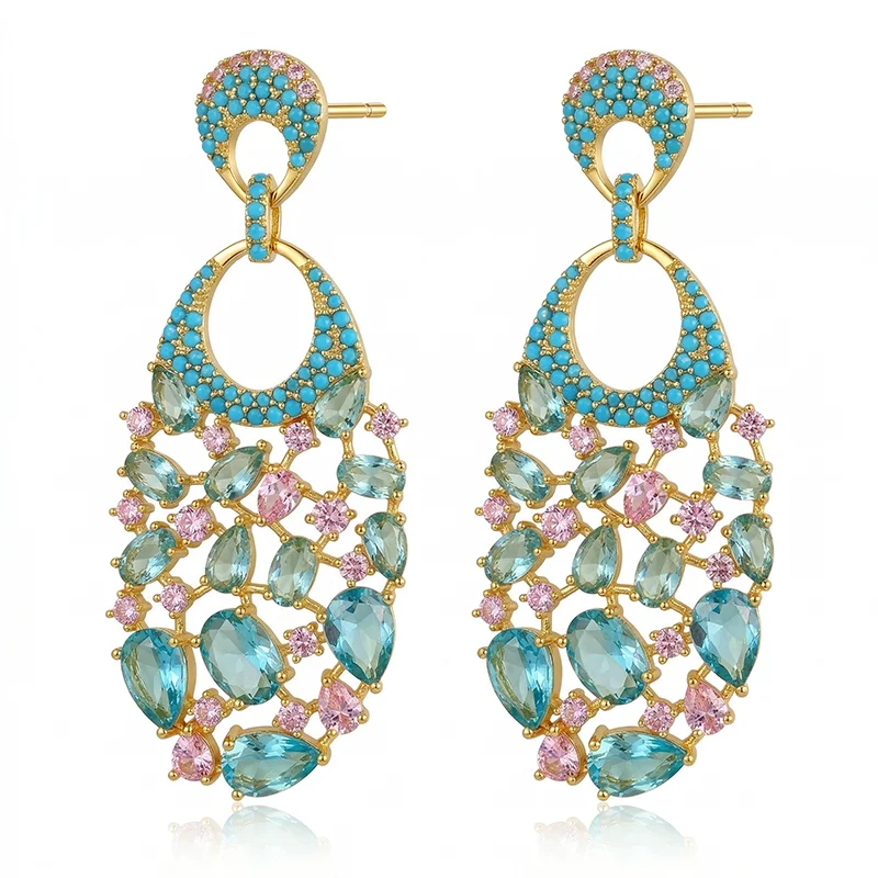 Elegant Boho Micro Pave CZ Stone Earrings Vintage Multi-color Pear Cut Crystal Chandelier Dangle Earrings Women Fashion Jewelry