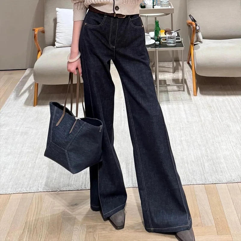 

High-quality women's pants denim cotton retro washed wide-leg casual jeans with frayed edges All Seasons clothes 251001135