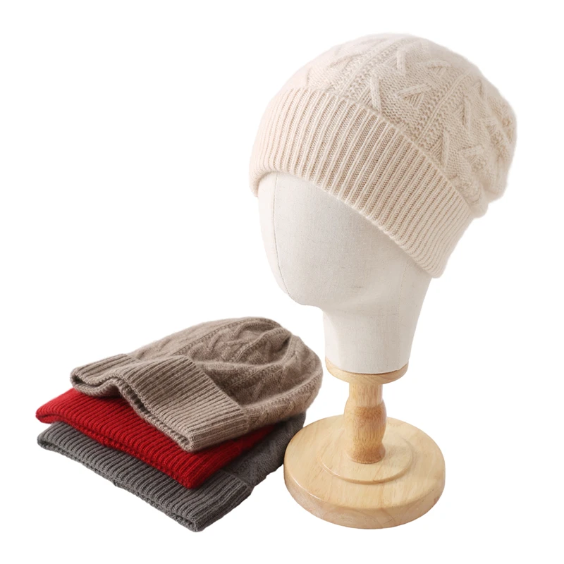 

Winter Women's Hat 100% Cashmere Knitted Ribbed Headpiece Soft and Warm Outdoor Hat Solid Color Ear Protection Hat 2025 New