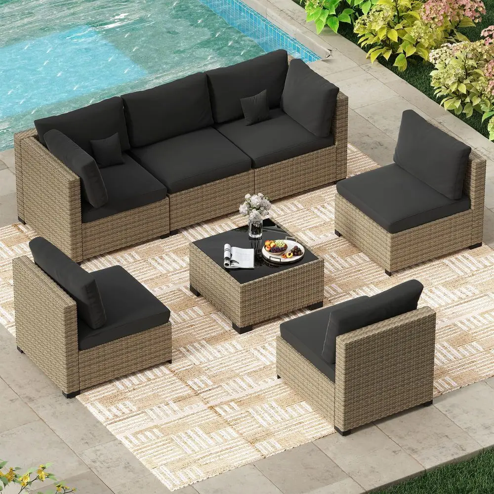 

7 Piece Outdoor Patio Furniture Set, Wicker Patio Furniture Set Outdoor Patio Sectional Sofa for Backyard Rattan Patio Seating