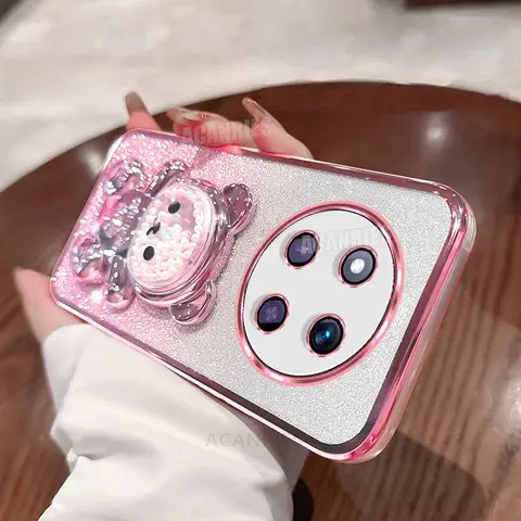 Magic7lite Luxury Plating 3d Bear Holder Silicone Case For Huawei Honor Magic 7 Magic7 Lite X9c Shockproof Stand Cover Honorx9c