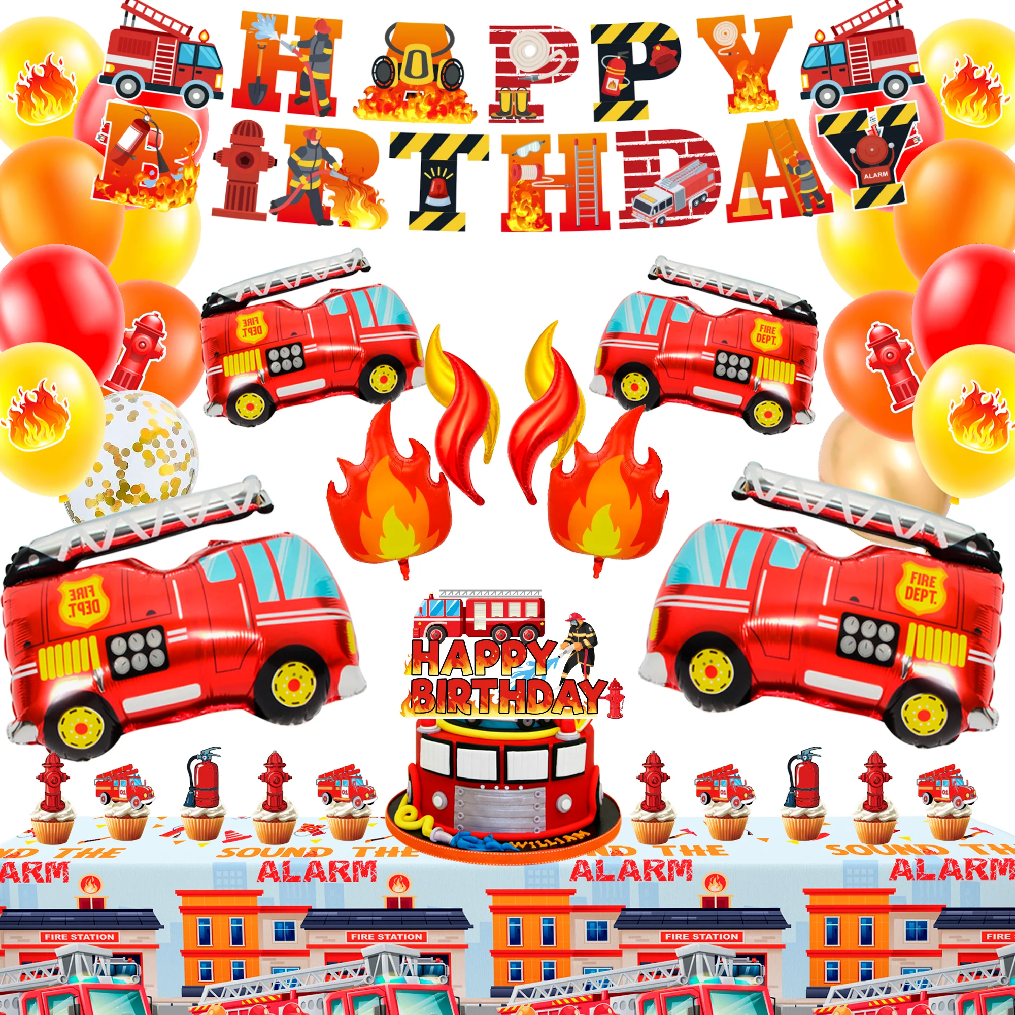 110 pezzi di decorazioni per feste a tema camion dei pompieri/decorazioni per compleanni a tema camion dei pompieri: palloncini per feste a tema camion dei pompieri, striscione per compleanni a tema