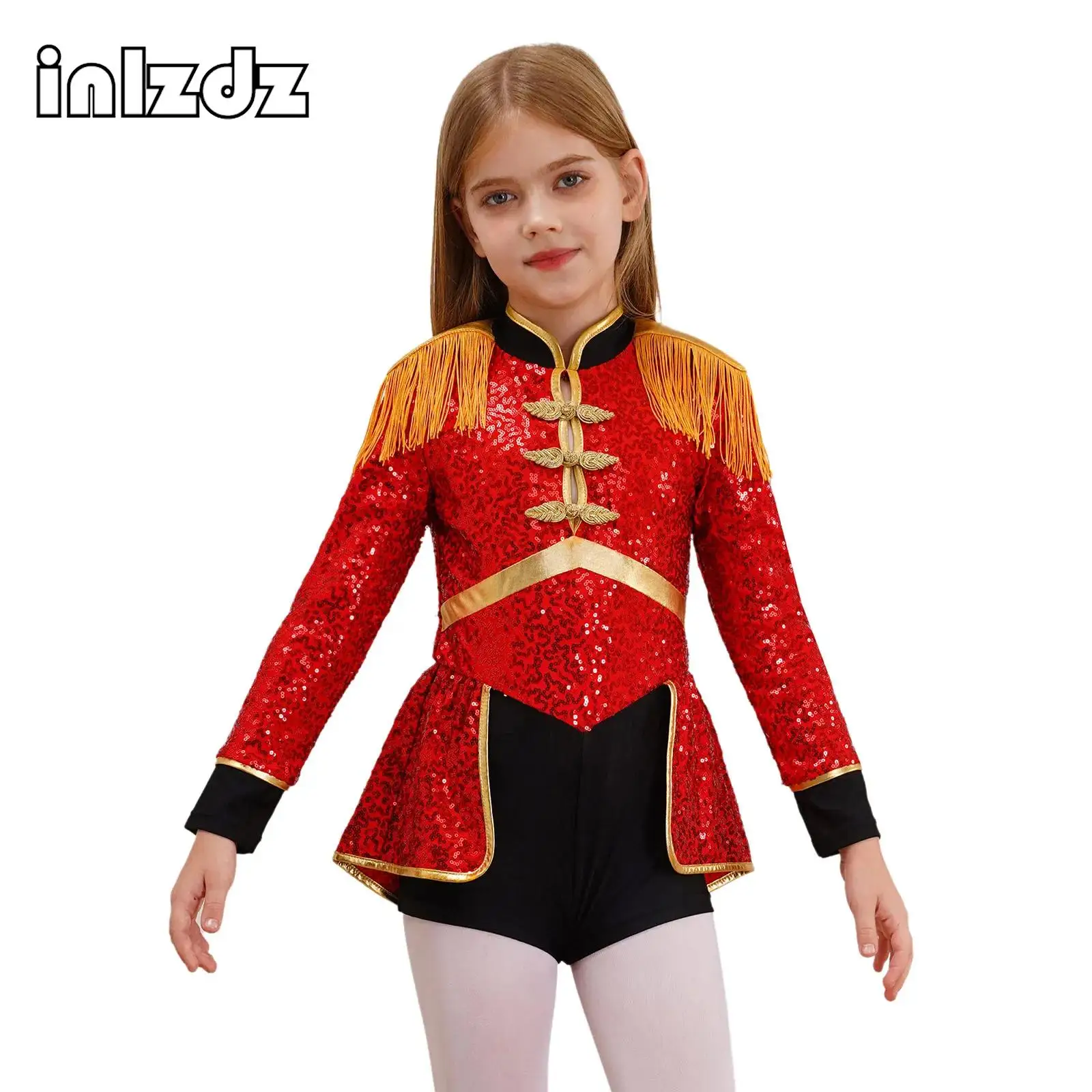 

Kids Girls Sequins Circus Ringmaster Cosplay Costumes Long Sleeve Fringe Shoulder Jumpsuit Bodysuit Halloween Carnival Outfits