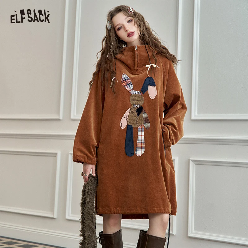 

ELFSACK 2024 Autumn New Arrivals Maillard patchwork print casual loose long dress for women