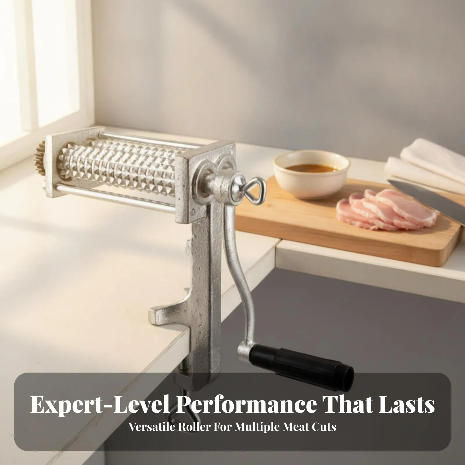 Manual Meat Tenderizer Tool with Textured Rollers Aluminum Alloy Hand Crank for Beef Pork Marinade and Grilling