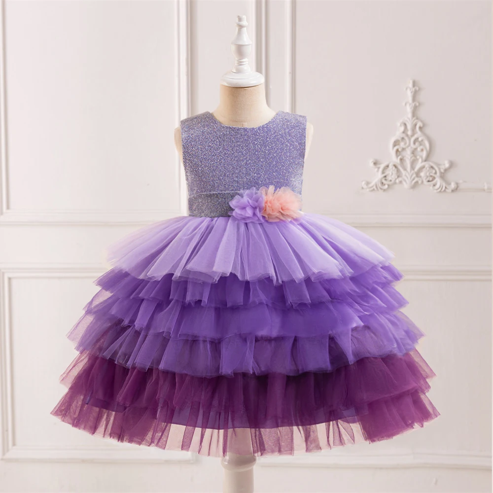 

Flower Princess Dress For Girls Party Tutu Dress Lace Birthday Dresses Girl Purple Wedding Gown Children Costumes 3-8 Years