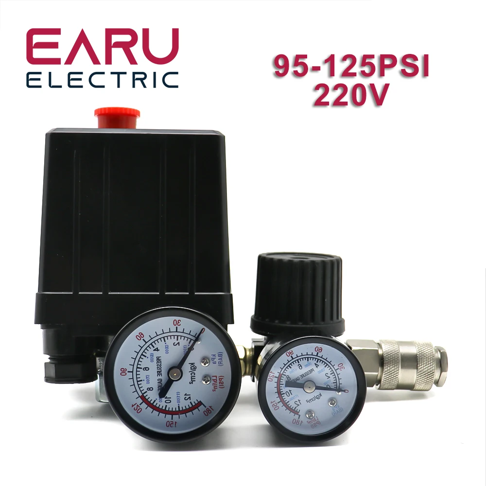 

240V AC Regulator Heavy Duty Air Compressor Pump Pressure Control Switch 4 Port Air Pump Control Valve 7.25-125 PSI With Gauge