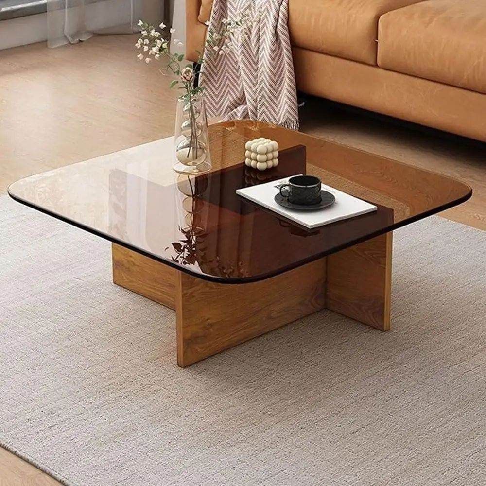 

Round Tempered Glass Accent Table with Rubber Wood Base for Living Room or Office