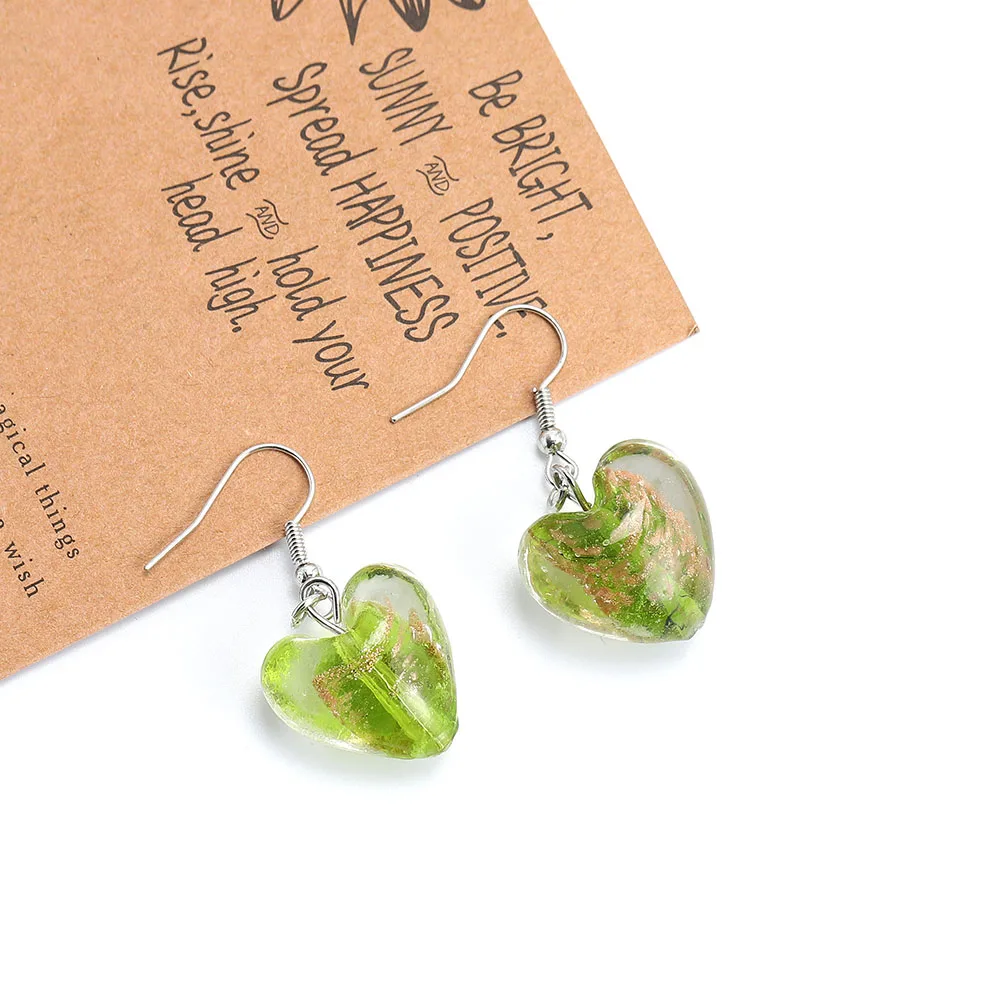 Qianbei Color Hand-made Murano Glass Gold Sand Women\'s Romatic Silver Plated Classic Dangle Heart Earrings