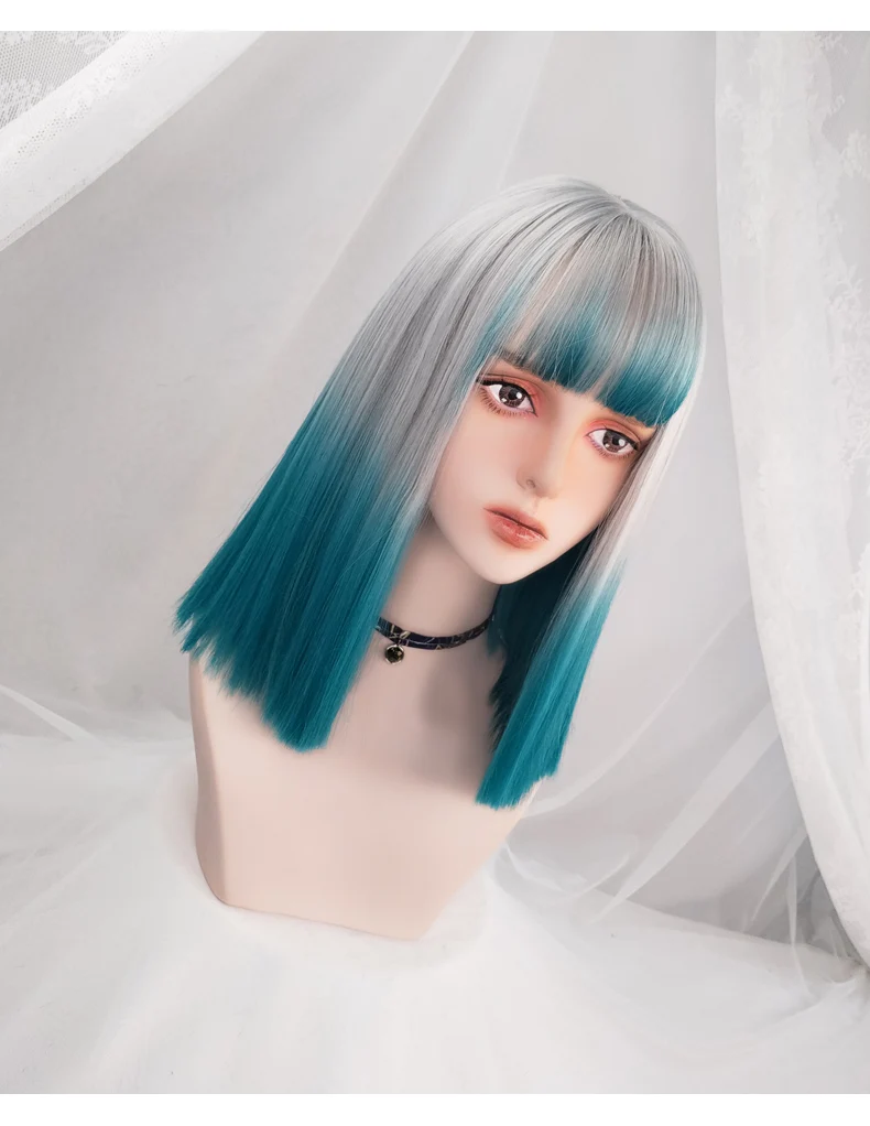 أزياء المرأة قصيرة مستقيم بوب شعر مستعار مع الانفجارات مقاومة للحرارة الاصطناعية الأخضر أومبير شعر مستعار رمادي