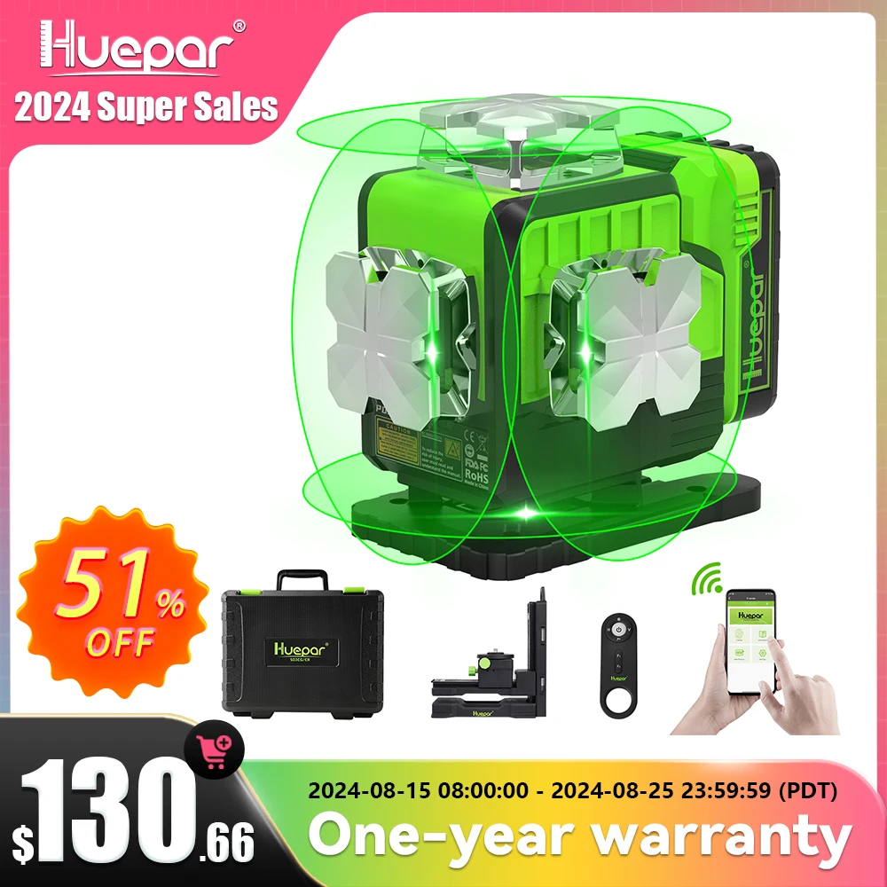 Auto-nivelamento Green Beam Bluetooth Ferramenta Laser Controle Remoto Li-ion Bateria Carry Case Rígido P04cg Nível Huepar4d