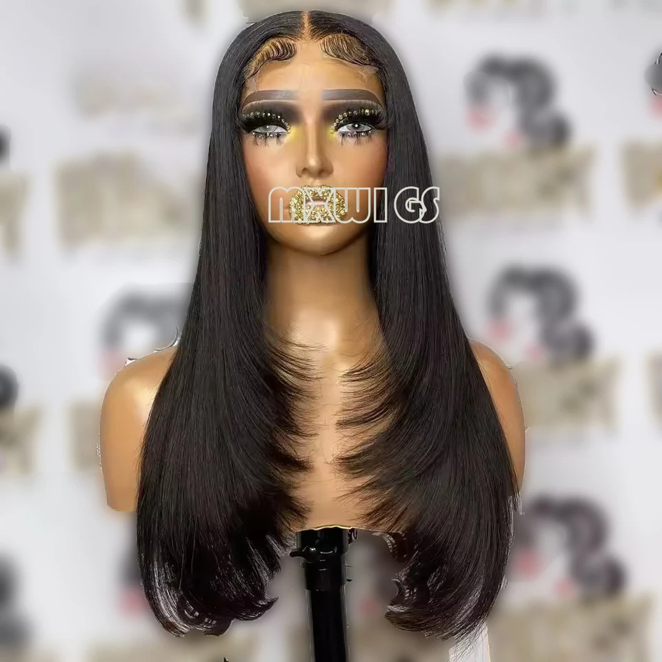 MXWIG Synthetic Hair Reddish Brown Straight Layered Lace Front Wigs For Women Copper Red Pre Plucked Lace Frontal Wig  Glueless