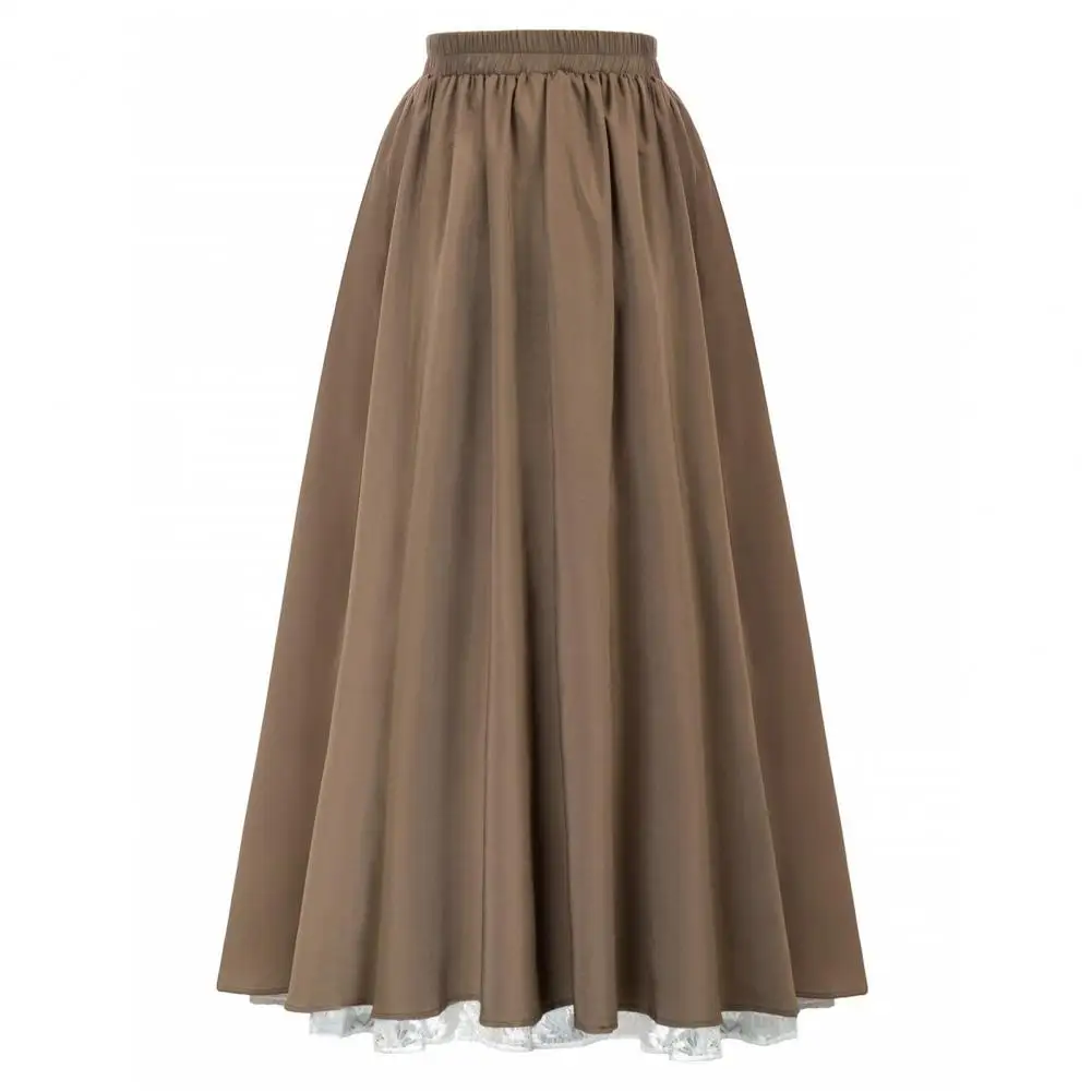 Women Lace Stitching Side Pleated Skirt Double Layer Long Skirt Elastic High Waist Retro