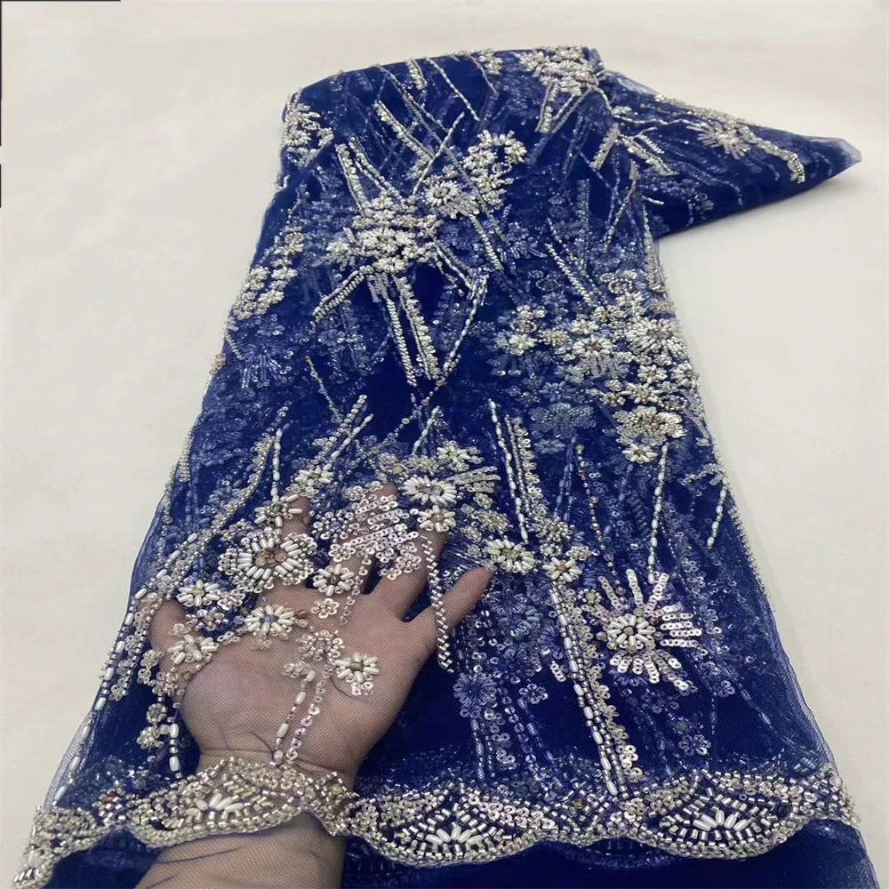 

2024 High Quality French Mesh Lace Fabric Africa Nigerian Beaded Tulle Embroidered Lace with Sequins for Women Wedding Dresses