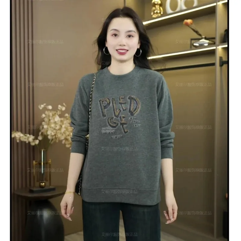 Women Crew Neck Long Sleeve Sweatshirt Loose Plus Size Split Hem Soft Cotton Casual Mom Inner Top S 4XL