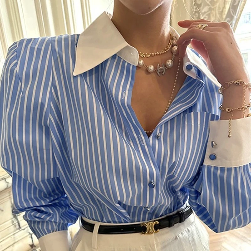 

Vintage Women's Blouses Striped Casual Shirts Fashion Loose Spring/Summer Polo-neck Clothing Long-sleeved Pocket Women Tops