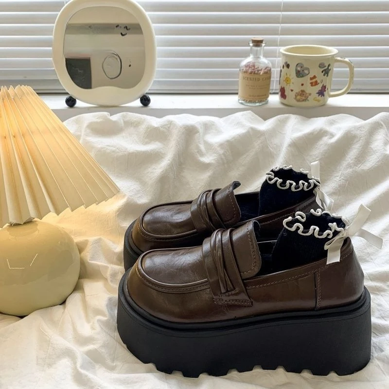 Women Leather Loafer Shoes Platform Thick Sole Vintage British Style Height Increasing 2025 Spring Petite Friendly Slip On